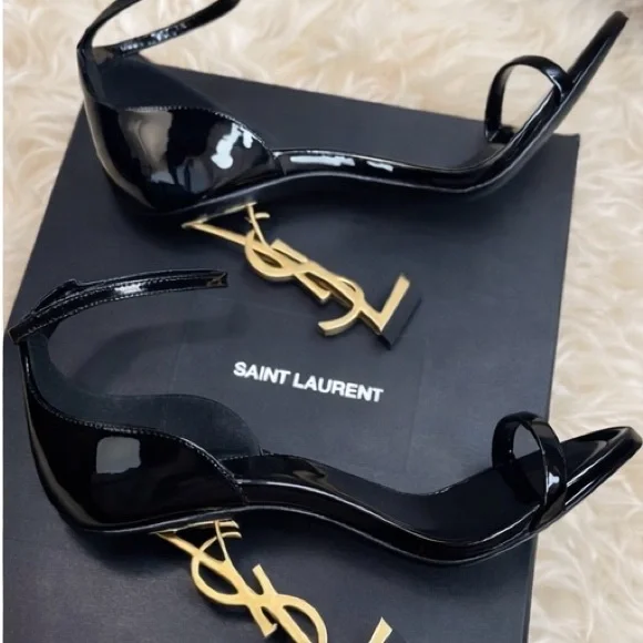 Yves Saint Laurent Black Heels with Gold Logo Accent - Picture 3 of 6